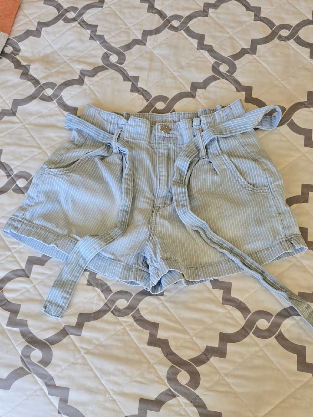 American Eagle Outfitters Light Blue Pinstripe High-Waist Paperbag Shorts